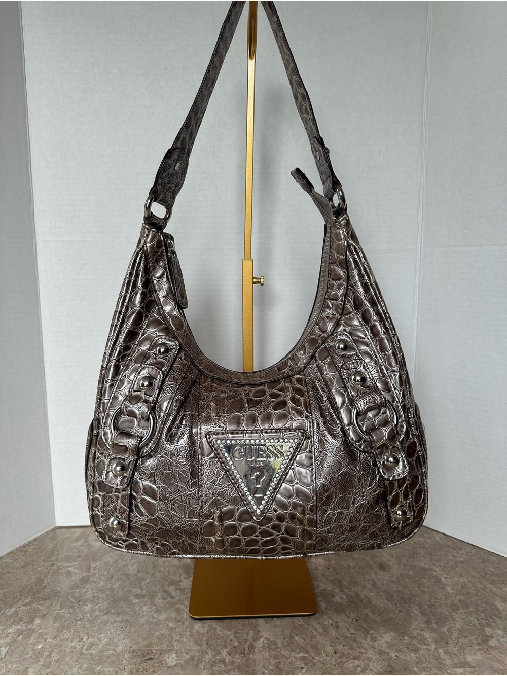 Rare Guess Y2K Metallic Pewter Faux Croc Embossed Hobo Bag Purse Glam Logo
